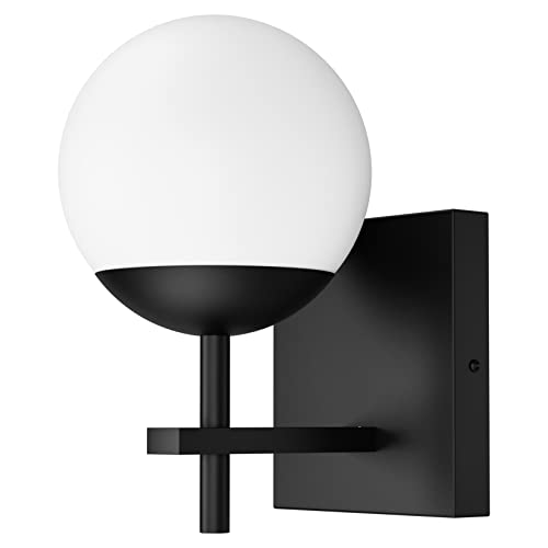 Ralbay Matte Black Wall Sconce, Mid Century Modern Black Wall Light Fixtures Milky Glass Indoor Wall Lamp for Home Decor Bathroom Kitchen Living Room Vanity Hallway, Black 1 Light (Exclude Bulb) - Image 2