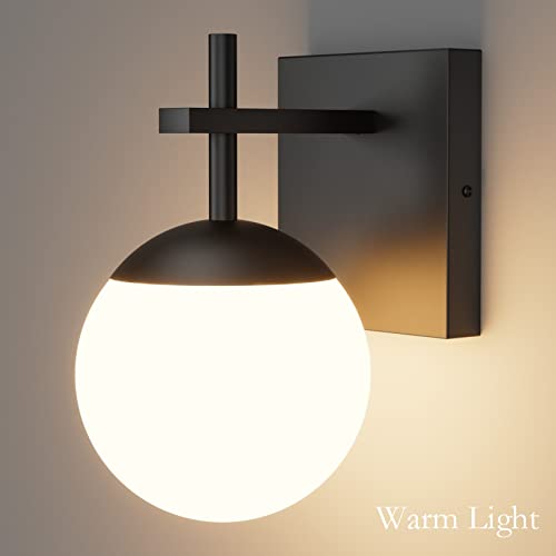 Ralbay Matte Black Wall Sconce, Mid Century Modern Black Wall Light Fixtures Milky Glass Indoor Wall Lamp for Home Decor Bathroom Kitchen Living Room Vanity Hallway, Black 1 Light (Exclude Bulb) - Image 3