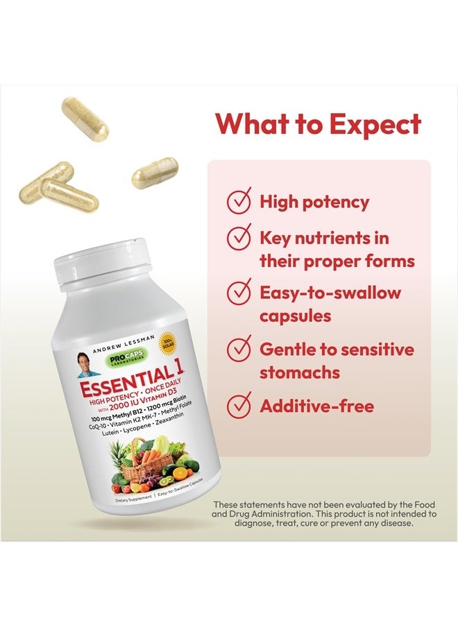 Andrew Lessman - Essential-1 Multivitamin 2000 IU Vitamin D3 180 Small Capsules – 100 mcg Methyl B12. CoQ10 Lutein Lycopene Zeaxanthin. High Potency. No Additives. Gentle Ultra-Mild. One Daily Capsule - Image 1