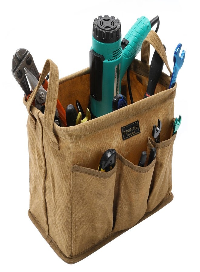 Denifiter Tool Pouch, Heavy Duty 16oz Waxed Canvas Tool Bag, Rectangle Foldable Open Top Tool Bags with Handles, 7 Pockets | 13.8 x 7.8 x 7.8 Inches - Image 4