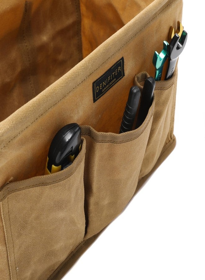 Denifiter Tool Pouch, Heavy Duty 16oz Waxed Canvas Tool Bag, Rectangle Foldable Open Top Tool Bags with Handles, 7 Pockets | 13.8 x 7.8 x 7.8 Inches - Image 3