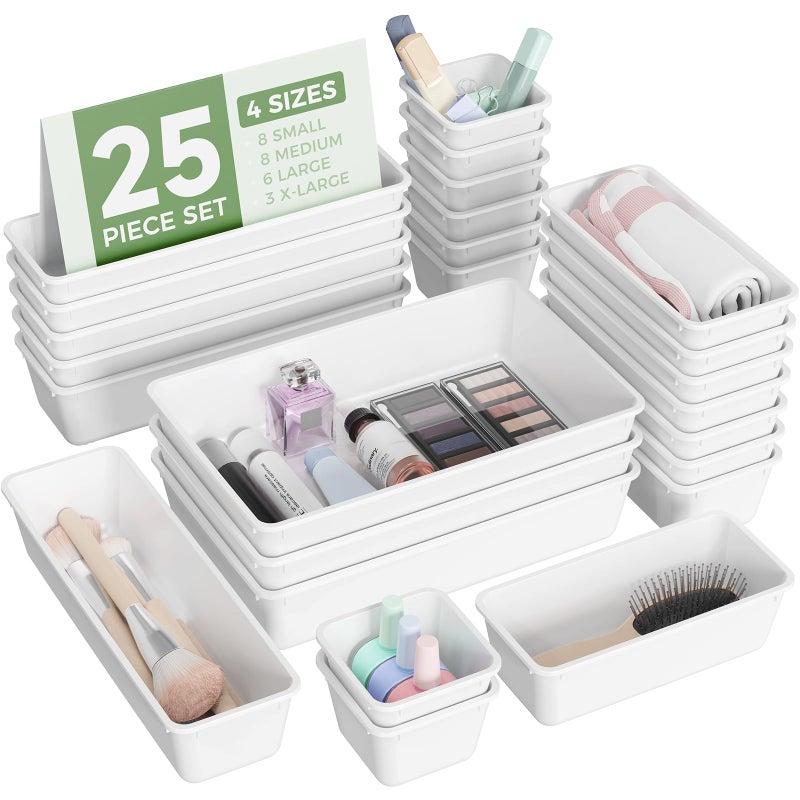 BiuLeon 25 PCS Plastic Drawer Organizers Set, 4-Sizes Vanity and Makeup Organizer, Desk and bathroom Drawer Organizer Trays, Organizers and Storage for Makeup, Jewelry, Gadgets, Utensils (White) - Image 1