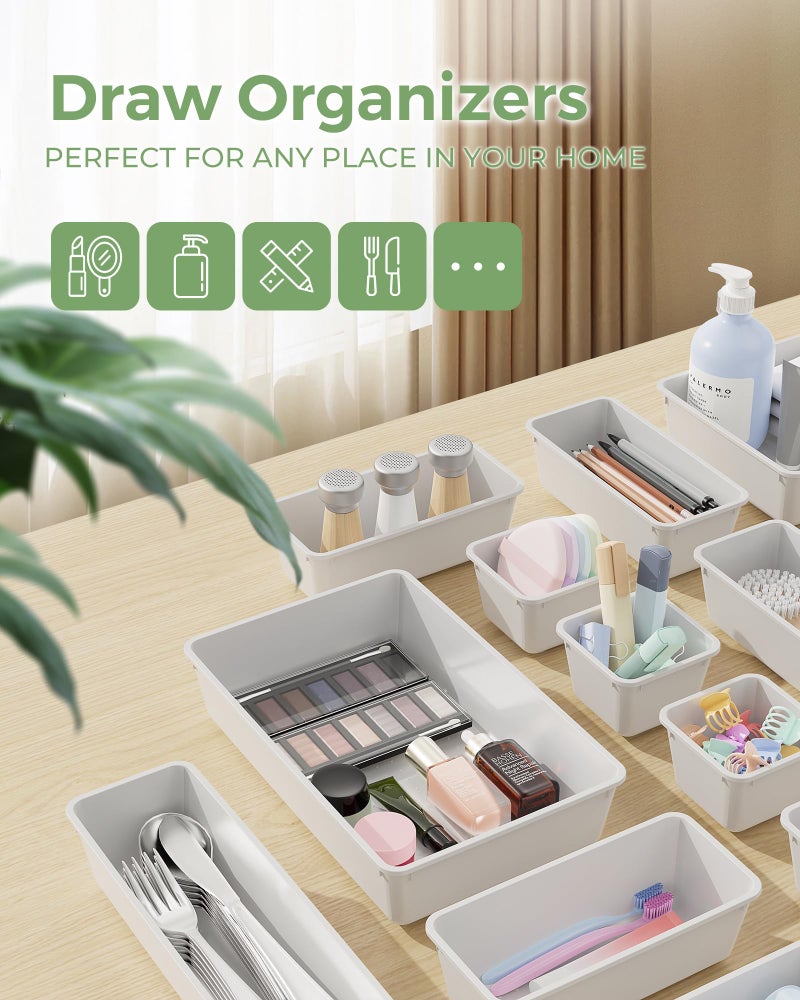 BiuLeon 25 PCS Plastic Drawer Organizers Set, 4-Sizes Vanity and Makeup Organizer, Desk and bathroom Drawer Organizer Trays, Organizers and Storage for Makeup, Jewelry, Gadgets, Utensils (White) - Image 3