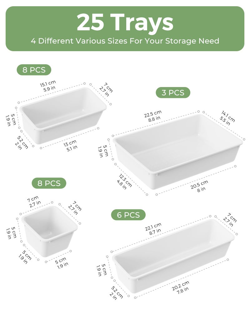 BiuLeon 25 PCS Plastic Drawer Organizers Set, 4-Sizes Vanity and Makeup Organizer, Desk and bathroom Drawer Organizer Trays, Organizers and Storage for Makeup, Jewelry, Gadgets, Utensils (White) - Image 2