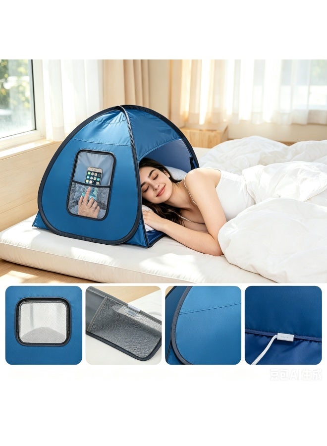 Mini Pop Up Head Sun Shelter Tent, Dual Use Indoor Outdoor Anti-UV Sun Shade Canopy with Touch Screen Phone Window & Side Storage Pocket, Portable Lazy Tanning Tent for Beach Balcony Bed Pool Camping Fishing - Image 2