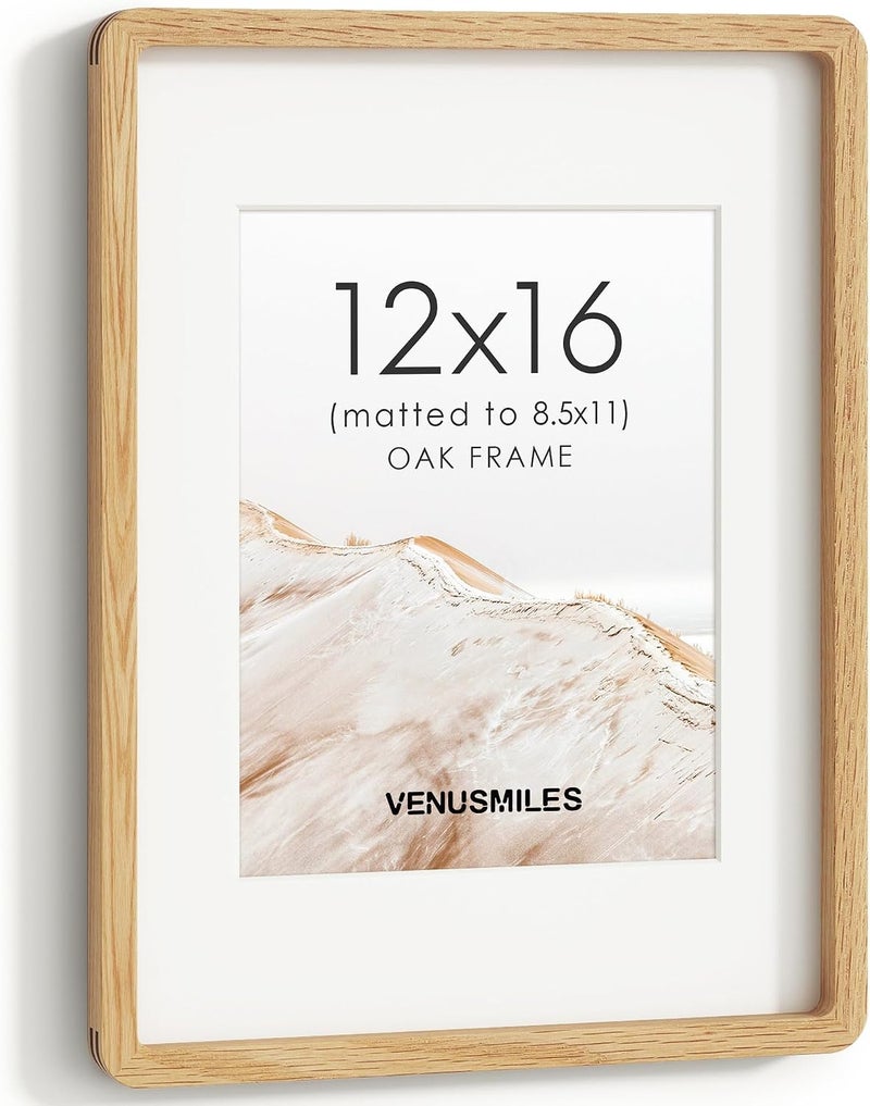 Venusmiles إطار صور 12x16 بوصة، خشب بلوط طبيعي من الولايات المتحدة، إطار صور مجمّع مع زجاج مقسّى عالي الوضوح، إطار خشبي 12x16 مع حافة داخلية مقاس 8.5x11، تعليق عمودي وأفقي على الحائط - Image 1