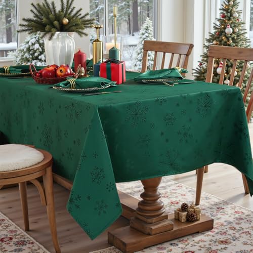 MATIRUG Christmas Table Cloth for Rectangle Tables 52x70 InchSpillproof Wrinkle Free Green Snowflake Jacquard Fabric Tablecloth for Xmas Winter Holiday New Year - Image 3