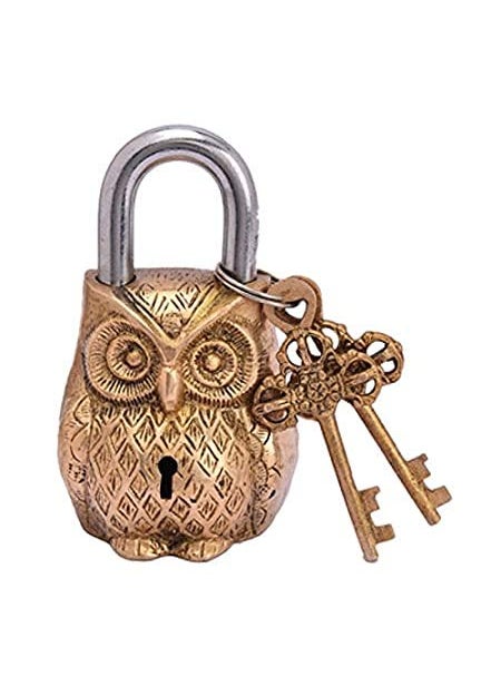 Brass OWL Lock Padlockfor Home Decor and SecurityOwl Design Golden Functional Brass Lock with 2 Keys by Duke Art Emporium 