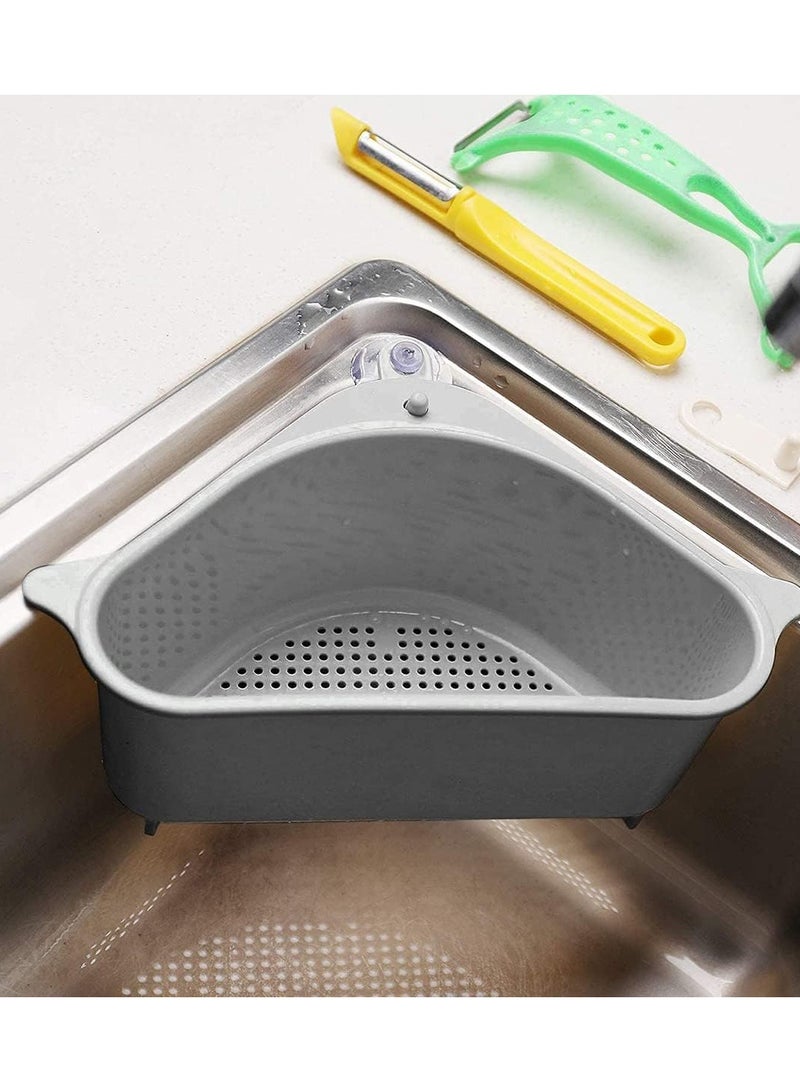 سلة مصافي بالوعة متعددة الوظائف مثلث استنزاف الجرف بالوعة حامل التخزين منظم المطبخ رف زاوية مع كوب شفط لحمام المطبخ ، رمادي - Image 3