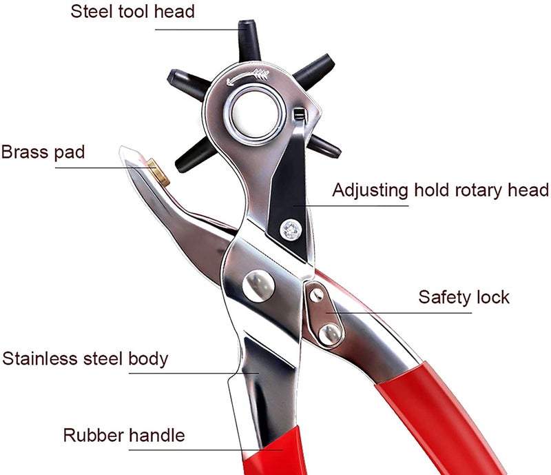 Hypexa Heavy Duty Revolving Punch Plier Kit Punch Hole Tool including Punch Plier Brass Pad Screwdriver and Grinding Rod for Belt Saddle Watch Strap Shoe Fabric Paper etc - Image 3