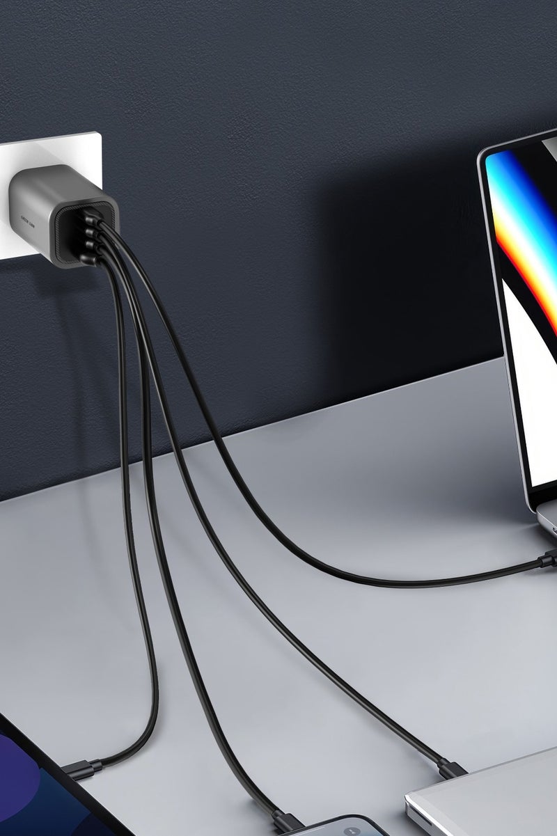 GREEN LION UK Plug GaN Charger 100W PD Suitable with 3 USB-C and 1 USB-A Ports / Laptop Charging / Universal Compatibility / Quick Wall Charger - Gray - Image 2