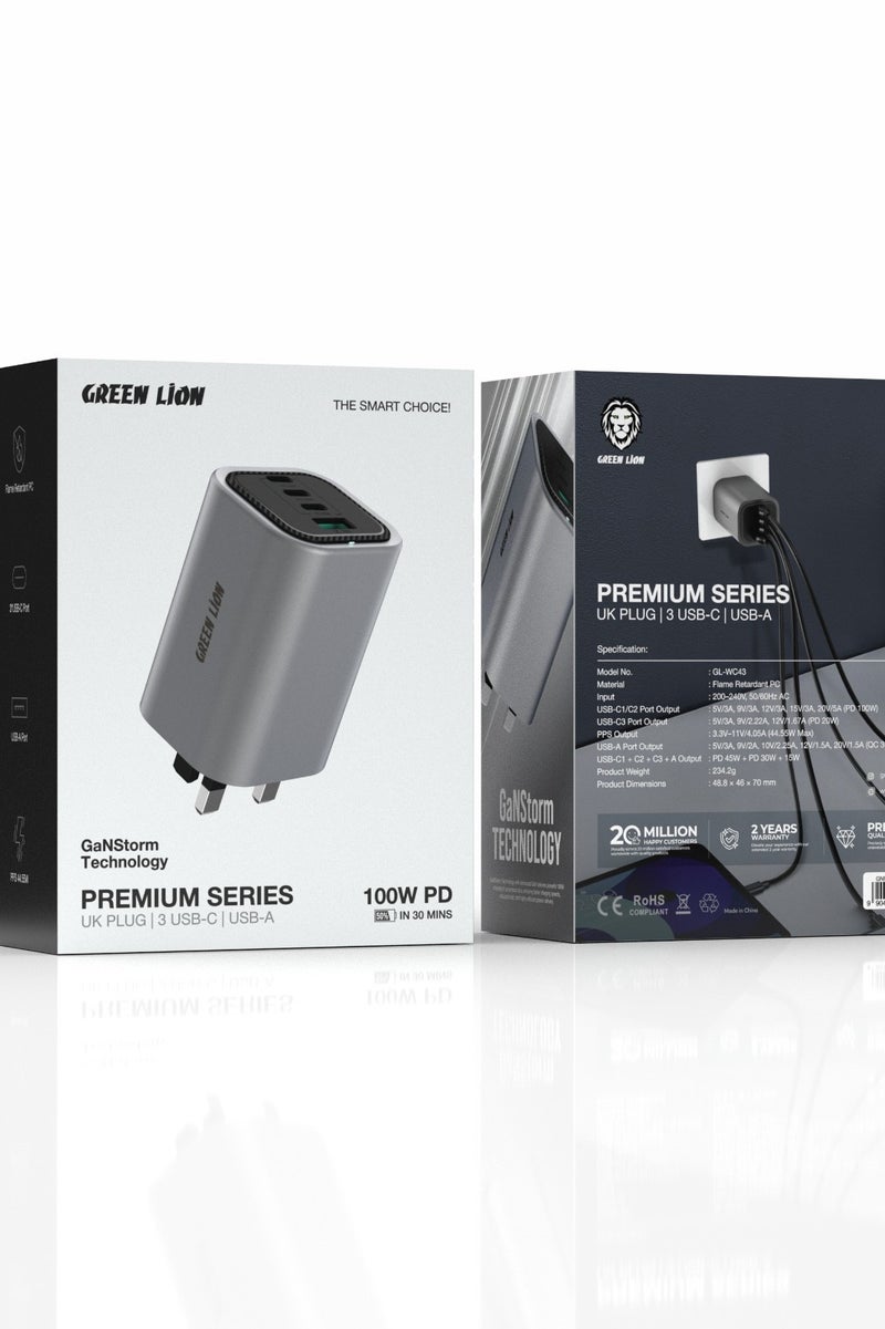 GREEN LION UK Plug GaN Charger 100W PD Suitable with 3 USB-C and 1 USB-A Ports / Laptop Charging / Universal Compatibility / Quick Wall Charger - Gray - Image 3