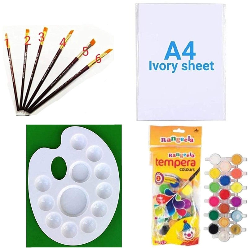 FIRST CLICK Art 12 Wells 301 Palette + Pidilite Rangeela Student Water Color 18 Shade + Set of Flat Brushes + A4 Drawing Ivory Paper 210 GSM 25 Sheets - Image 1