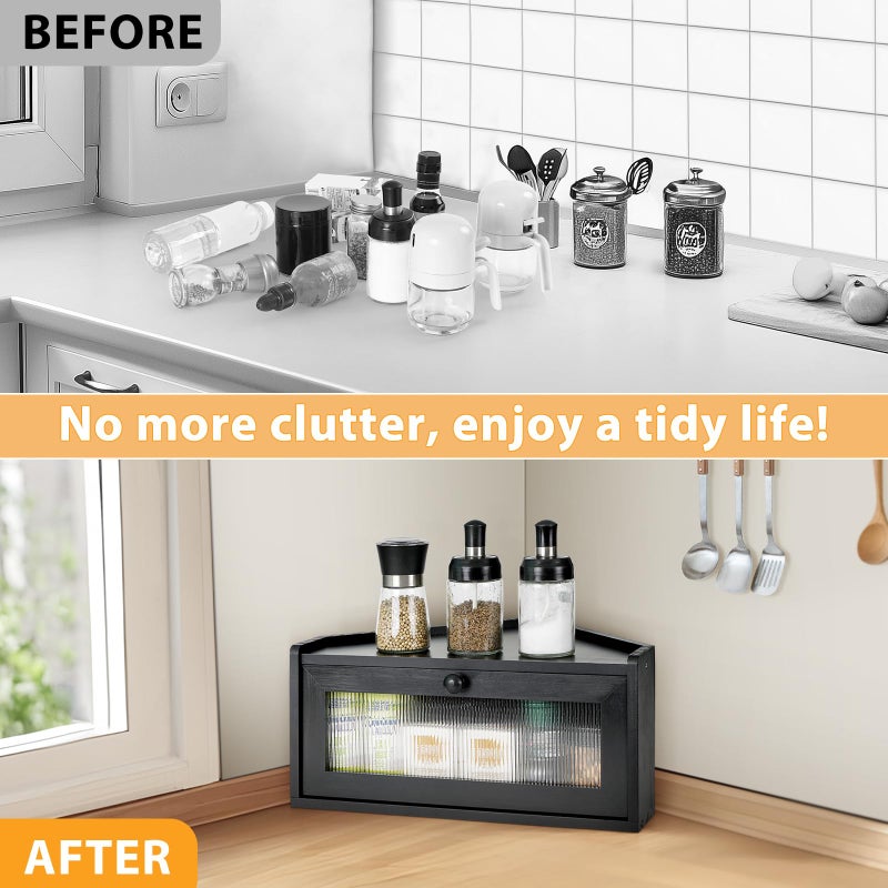 Sunhoo Bread Box for Kitchen Countertop Wooden Corner Breadbox Counter Food Storage Bin Container Farmhouse Rustic Homemade Bread Fresh Keeper Organizer Holder Vintage Stackable with Window (Black) - Image 5