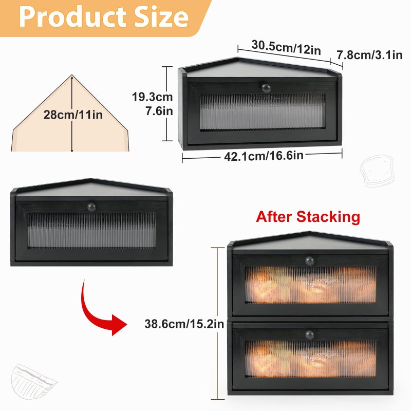 Sunhoo Bread Box for Kitchen Countertop Wooden Corner Breadbox Counter Food Storage Bin Container Farmhouse Rustic Homemade Bread Fresh Keeper Organizer Holder Vintage Stackable with Window (Black) - Image 4
