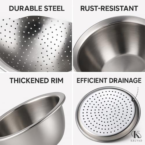 Kruvad Stainless Steel Colander & Mixing Bowl Set | 2-in-1 Micro-Porous Strainer with Basin | 3.6L, 26 cm | for Rice, Pasta, Vegetables, Fruits | Food Grade, Durable, Easy Clean, Dishwasher Safe - Image 2