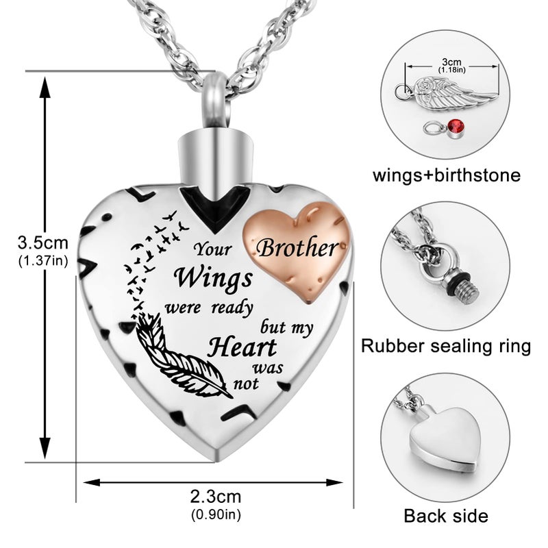 Dletay Heart Cremation Necklace for Ashes Cremation Jewelry with 12 Birthstones Urn Necklace for Ashes-Your Wings were Ready but My Heart was Not(Brother) - Image 3