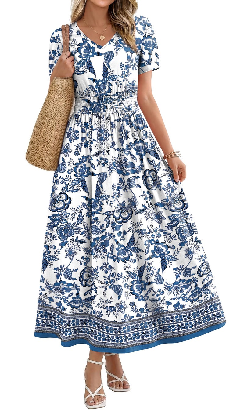 OFEEFAN Floral Maxi Dress for Women Ladies Summer Midi Sundresses Long Hawaiian Dresses Spring Beach Vacation Outfits Fashion Clothing 2026 Trendy Resort Wear A Line Flowy Western Light Blue L - Image 1
