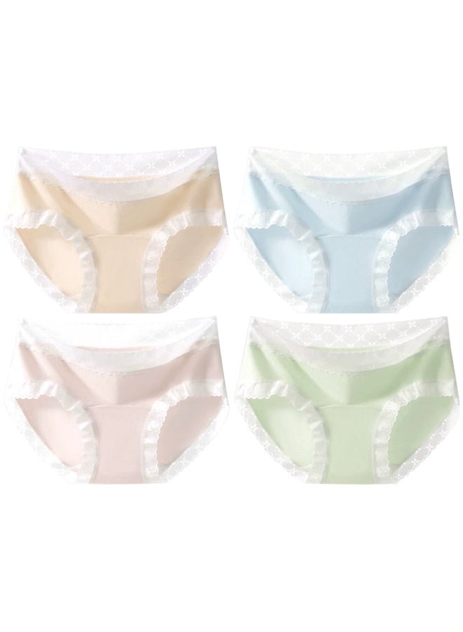 Yalu Women's Underwear 4-pack Lace Antibacterial Polylactic Acid Silk Gusset Mid-waist Wide Lace Waistband Briefs XL