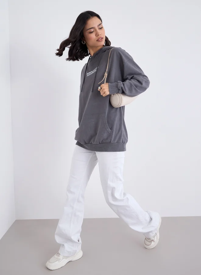 Styli Styli Charcoal Slogan Print Oversized Hoodie