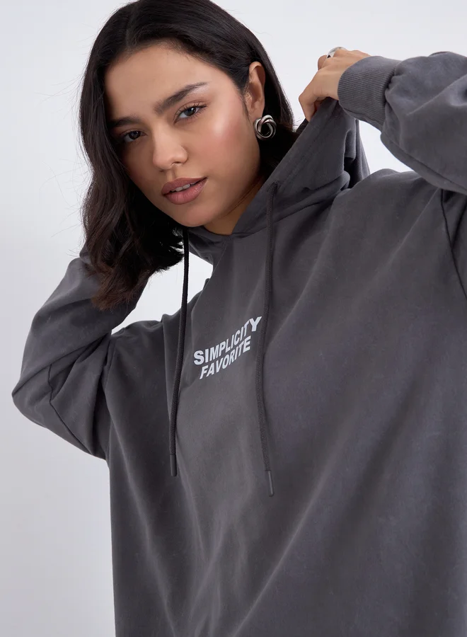 Styli Styli Charcoal Slogan Print Oversized Hoodie