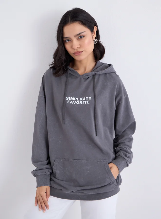 Styli Styli Charcoal Slogan Print Oversized Hoodie
