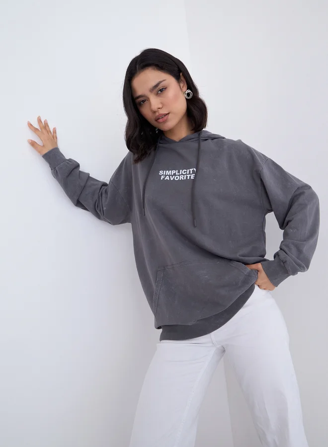 Styli Styli Charcoal Slogan Print Oversized Hoodie