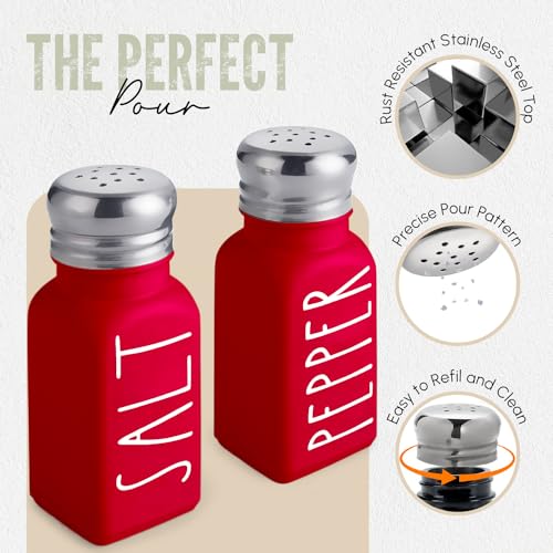 Brighter Barns Red Salt and Pepper Shakers Set by Brighter Barns - Modern Farmhouse Kitchen Decor and Accessories for Home Restaurants Weddings - Cute Modern Glass Christmas Shaker Sets & Stainless Steel Lid (Red) - Image 2