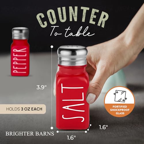 Brighter Barns Red Salt and Pepper Shakers Set by Brighter Barns - Modern Farmhouse Kitchen Decor and Accessories for Home Restaurants Weddings - Cute Modern Glass Christmas Shaker Sets & Stainless Steel Lid (Red) - Image 3
