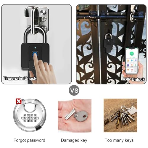 Elinksmart Key Padlock with Fingerprint Bluetooth App eLinkSmart Combination Lock: Large Padlock for Truck Gate Footlocker Gym Locker Outdoor ​Waterproof Heavy Duty Support iOS Watch - Image 4