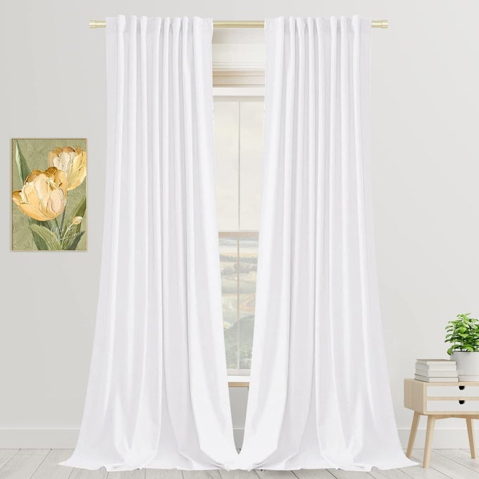 White 96 in Long Velvet Curtains with Back Tab and Rod Pocket Thermal Insulated Soft Privacy Light Filtering Velvet Drapes for Bedroom and Living Room Set of 2 Panels 52 x 96 Inches Long