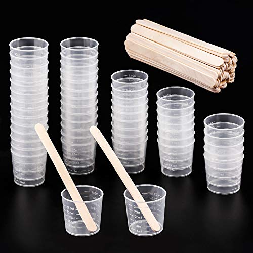 WXJ13 50 Pack 30ml Plastic Reusable Graduated Cups Transparent Scale Cups with 50 Pack Wooden Stirring Sticks for Mixing Paint Stain Epoxy Resin - Image 1