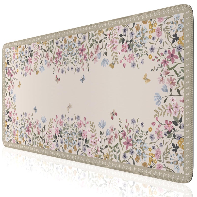 iCasso Floral Desk Mat for Keyboard and Mouse,Cute Gaming Mouse Pad XXL,Anti-Slip Desk Matt for Desktop,Soft Lycra Surface Computer Mat Women,Girly Big Mousepad for Home Office (Beige) - Image 1