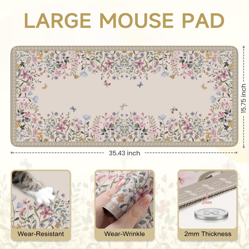 iCasso Floral Desk Mat for Keyboard and Mouse,Cute Gaming Mouse Pad XXL,Anti-Slip Desk Matt for Desktop,Soft Lycra Surface Computer Mat Women,Girly Big Mousepad for Home Office (Beige) - Image 2