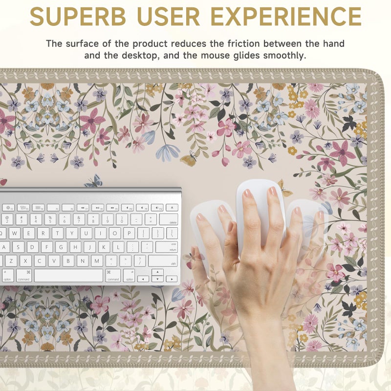 iCasso Floral Desk Mat for Keyboard and Mouse,Cute Gaming Mouse Pad XXL,Anti-Slip Desk Matt for Desktop,Soft Lycra Surface Computer Mat Women,Girly Big Mousepad for Home Office (Beige) - Image 4