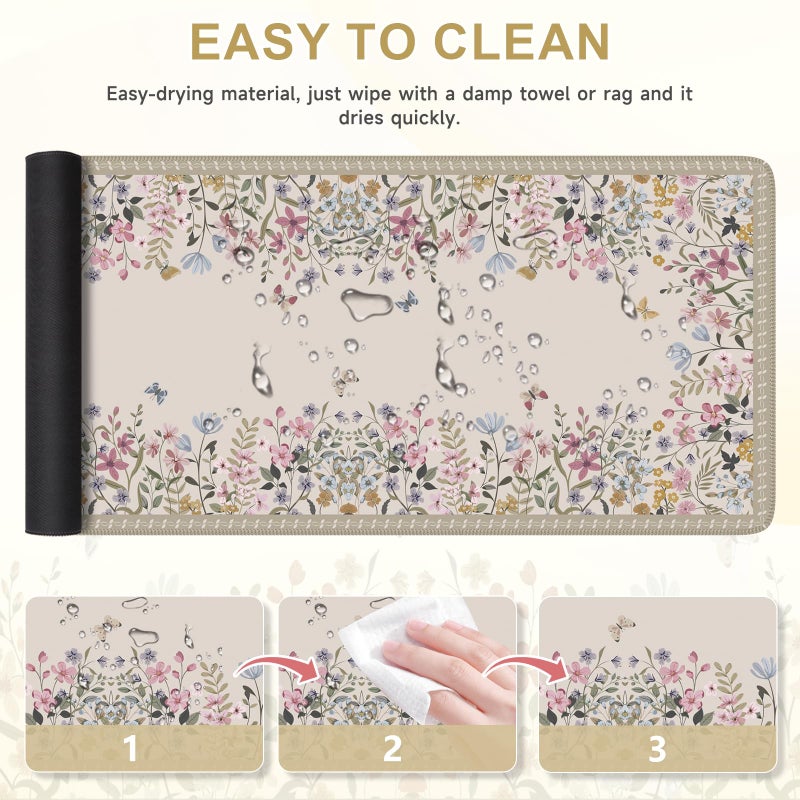 iCasso Floral Desk Mat for Keyboard and Mouse,Cute Gaming Mouse Pad XXL,Anti-Slip Desk Matt for Desktop,Soft Lycra Surface Computer Mat Women,Girly Big Mousepad for Home Office (Beige) - Image 5