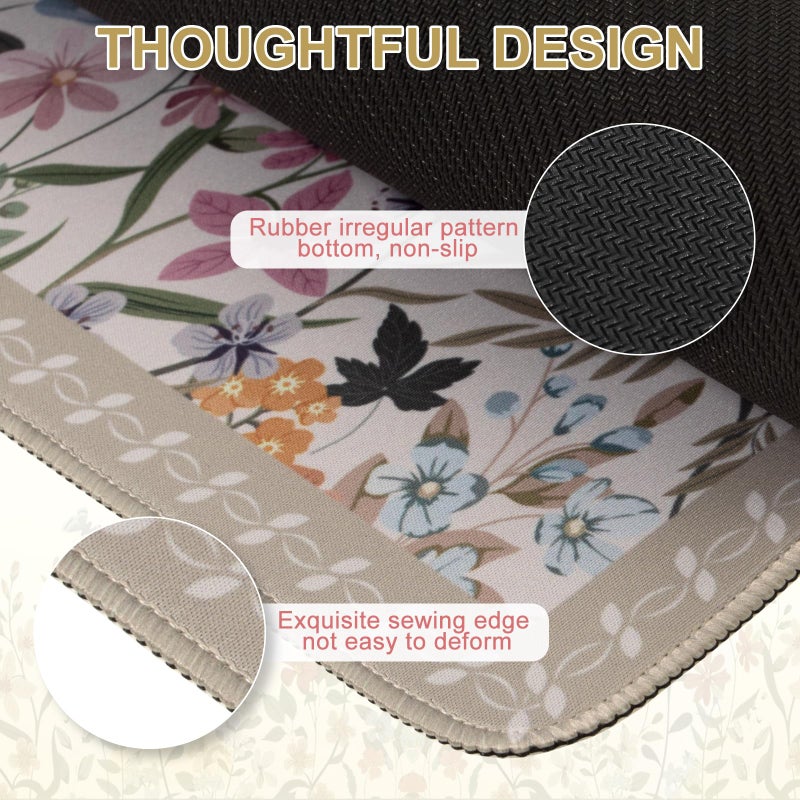 iCasso Floral Desk Mat for Keyboard and Mouse,Cute Gaming Mouse Pad XXL,Anti-Slip Desk Matt for Desktop,Soft Lycra Surface Computer Mat Women,Girly Big Mousepad for Home Office (Beige) - Image 3