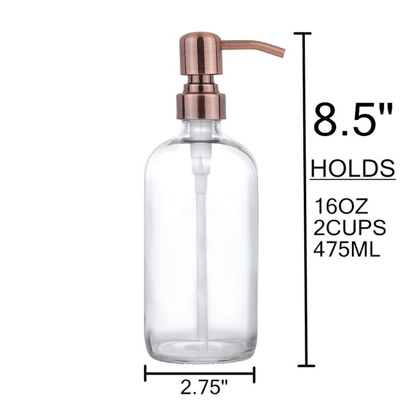 CHBJDAN عبوة زجاجية سميكة شفافة بحجم 2 مع مضخة من الفولاذ المقاوم للصدأ النحاسي، زجاجات بوسطن دائرية شفافة سعة 16 أونصة مع مضخة مقاومة للصدأ للزيوت الأساسية، المستحضرات، والصابون - Image 4