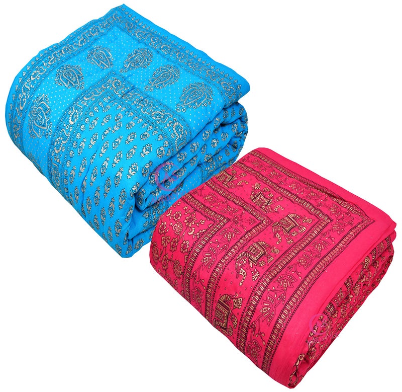 WORLDNEX 400 TC Pure Cotton Jaipuri Design Printed Light Weight Traditional Rajasthani Print Single Bed Quilt/Razai/Rajai (Design 27, Single Bed - Set of 2 Combo Set) - Image 4