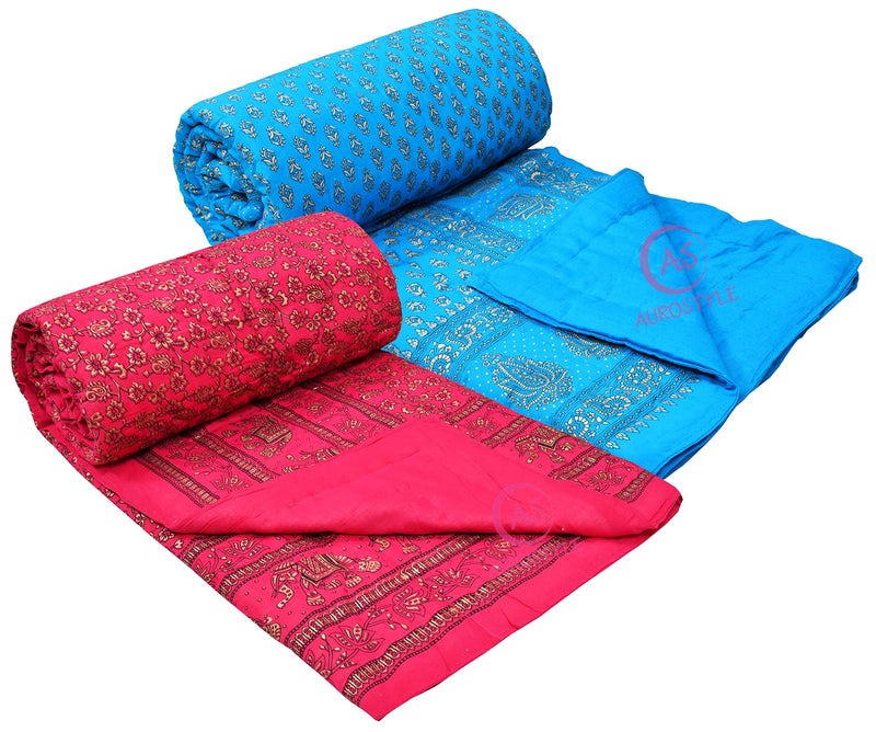 WORLDNEX 400 TC Pure Cotton Jaipuri Design Printed Light Weight Traditional Rajasthani Print Single Bed Quilt/Razai/Rajai (Design 27, Single Bed - Set of 2 Combo Set) - Image 5