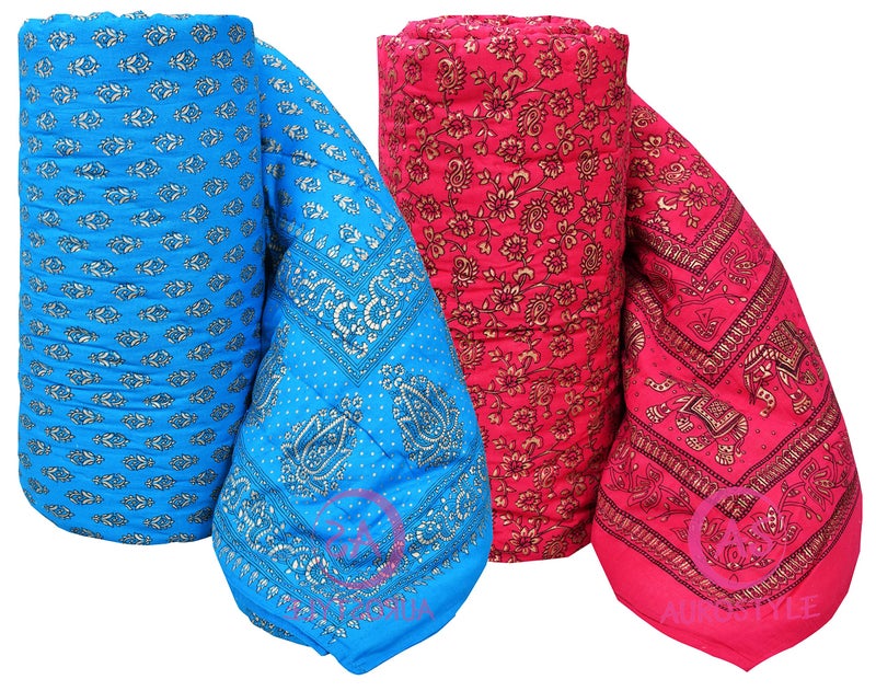 WORLDNEX 400 TC Pure Cotton Jaipuri Design Printed Light Weight Traditional Rajasthani Print Single Bed Quilt/Razai/Rajai (Design 27, Single Bed - Set of 2 Combo Set) - Image 1