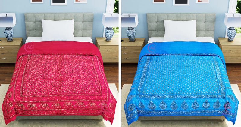 WORLDNEX 400 TC Pure Cotton Jaipuri Design Printed Light Weight Traditional Rajasthani Print Single Bed Quilt/Razai/Rajai (Design 27, Single Bed - Set of 2 Combo Set) - Image 2