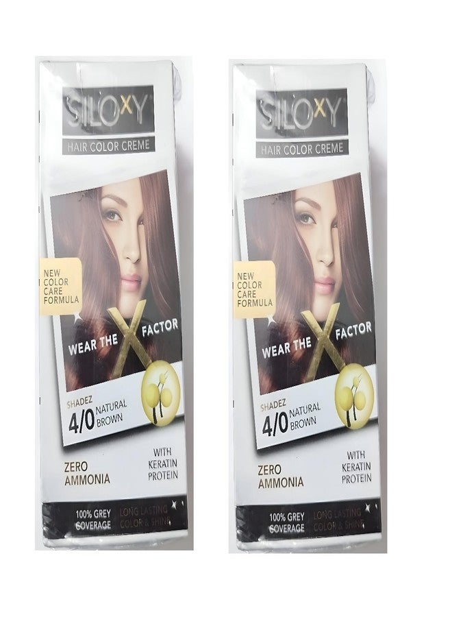 Siloxy Hair Color Creme Natural Brown, Zero Ammonia with Keratin Protein, 100% Grey Coverage, Long Lasting, Pack of 2