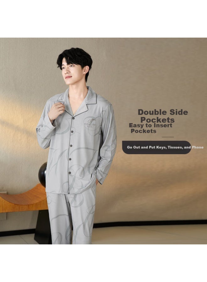 Fenton Fenteng Men's Spring Cotton Pajamas Set With Lock Edge Lapel Open Cardigan Long Sleeve H E Wear Father's Day Gift - Image 3