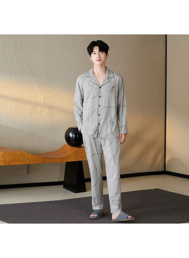 Fenton Fenteng Men's Spring Cotton Pajamas Set With Lock Edge Lapel Open Cardigan Long Sleeve H E Wear Father's Day Gift - Image 5