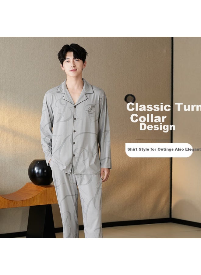 Fenton Fenteng Men's Spring Cotton Pajamas Set With Lock Edge Lapel Open Cardigan Long Sleeve H E Wear Father's Day Gift - Image 1