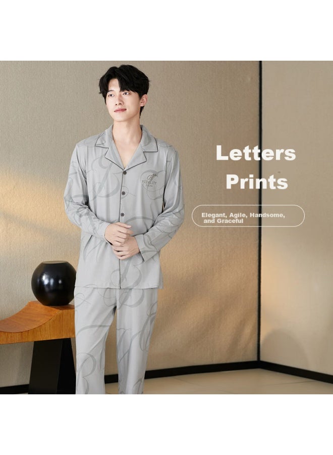 Fenton Fenteng Men's Spring Cotton Pajamas Set With Lock Edge Lapel Open Cardigan Long Sleeve H E Wear Father's Day Gift - Image 2