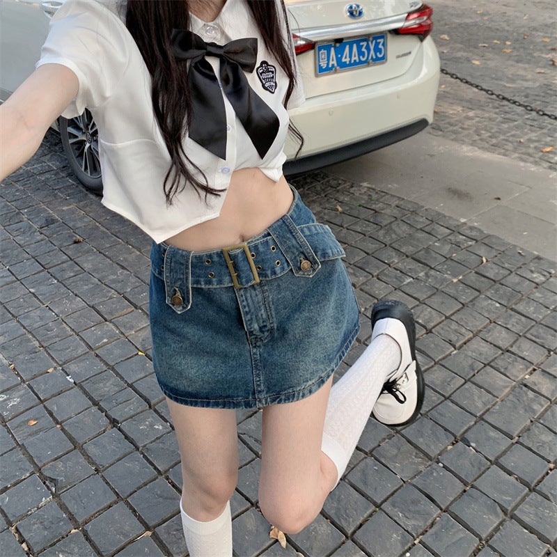 Spice Girl A- line Hip Anti-slip Vintage ins Style Bust Skirt Niche Design High Waist Denim Skirt for Women - Image 2