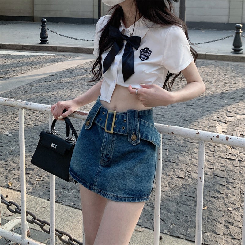 Spice Girl A- line Hip Anti-slip Vintage ins Style Bust Skirt Niche Design High Waist Denim Skirt for Women - Image 5