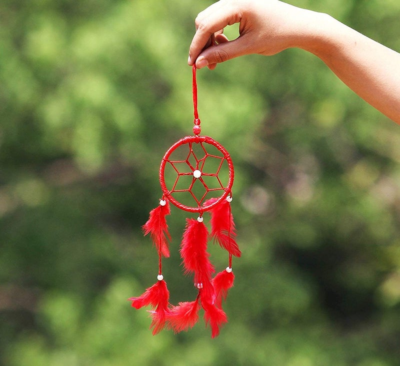 SoilMade Red Car Dream Catcher, Round Shape, Feather and Metal Made, Size Aprox 5inches and 25g, Pack of 1 Car Dream Catcher in Box - Image 3